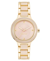 Nine West Women's Quartz Round Pink Enamel and Gold-Tone Metal Alloy Watch, 32mm