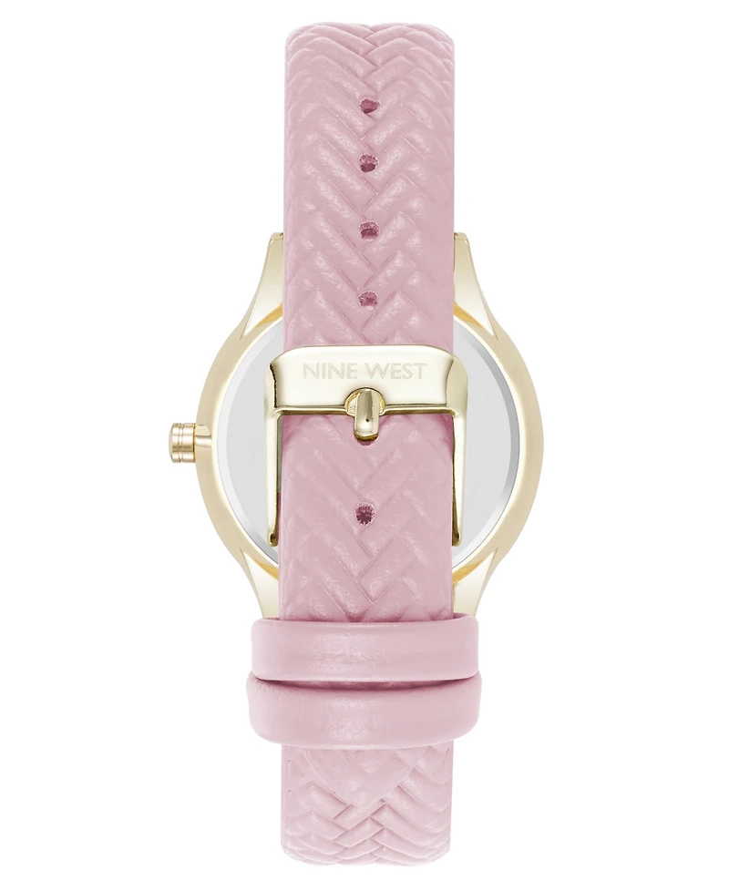 Nine West Women's Quartz Boyfriend Gold-Tone and Pink Polyurethane Leather Band Watch, 35mm
