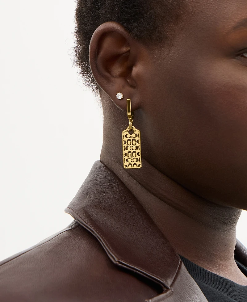 Coach Gold Signature Quilted Hangtag Charm Huggie Earrings