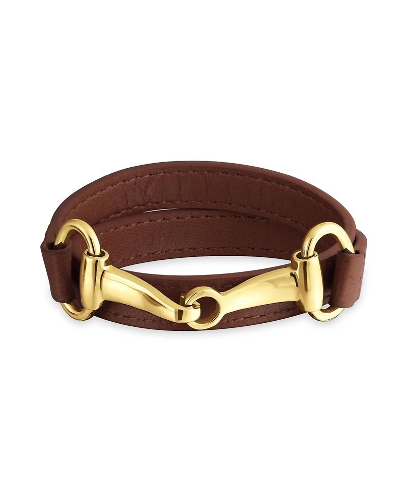 Bling Jewelry Fashion Leather Equestrian Snaffle Horse Bit Double Layer Wrap Bracelet Silver Tone Stainless Steel