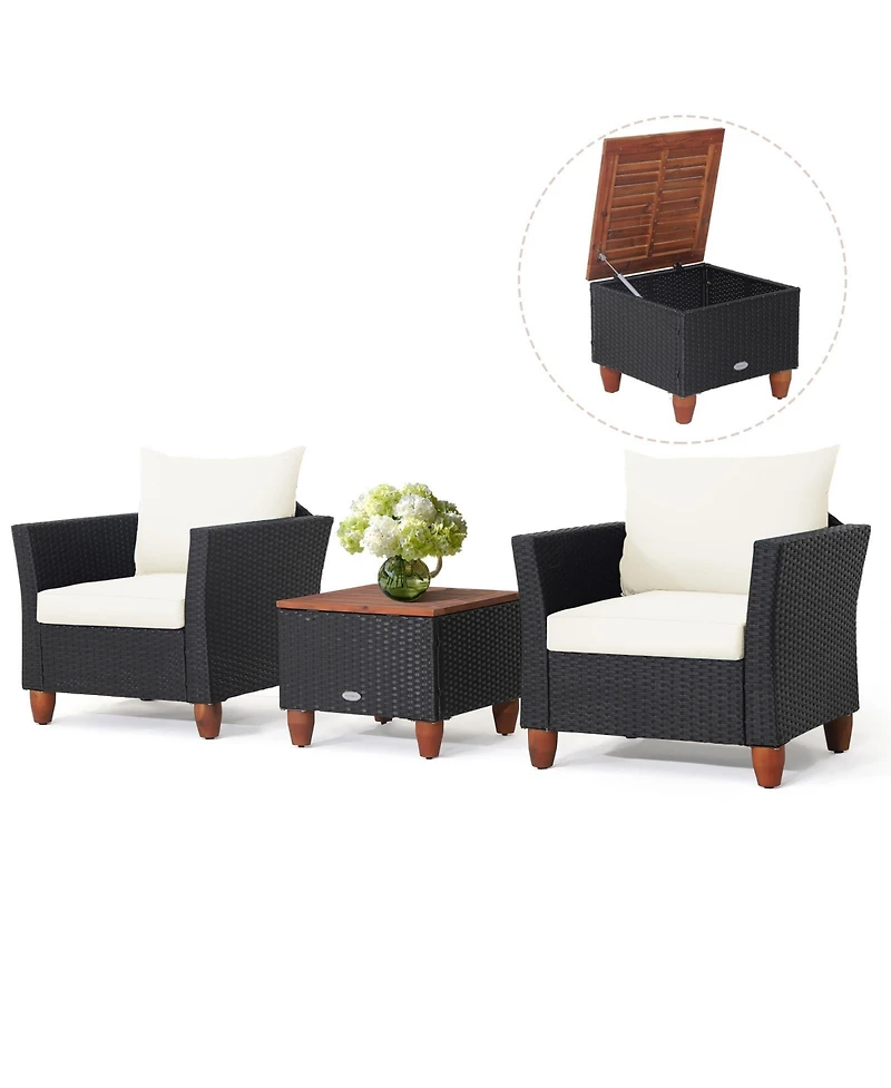 Gymax 3PCS Rattan Furniture Set Cushioned Sofa Storage Table W/ Wood Top Patio