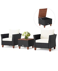 Gymax 3PCS Rattan Furniture Set Cushioned Sofa Storage Table W/ Wood Top Patio