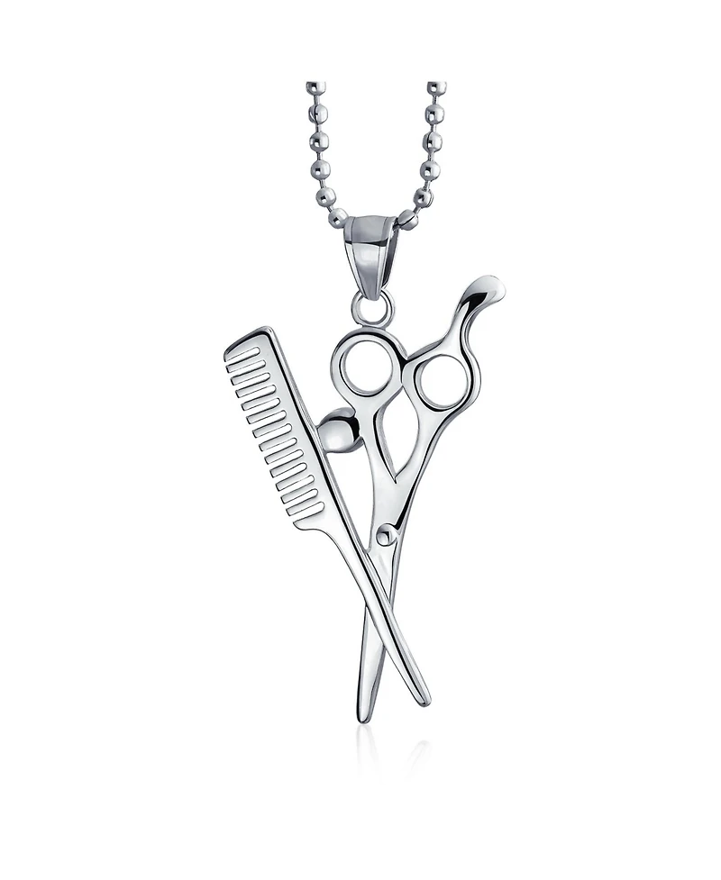 Bling Jewelry Whimsical Scissors Comb Pendant Necklace Crystal Accent Stainless Steel Chain