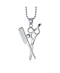 Bling Jewelry Whimsical Scissors Comb Pendant Necklace Crystal Accent Stainless Steel Chain