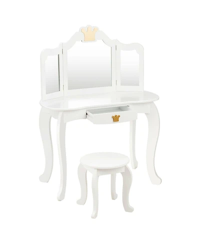 Kids Makeup Dressing Table with Tri-folding Mirror and Stool