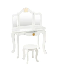 Kids Makeup Dressing Table with Tri-folding Mirror and Stool