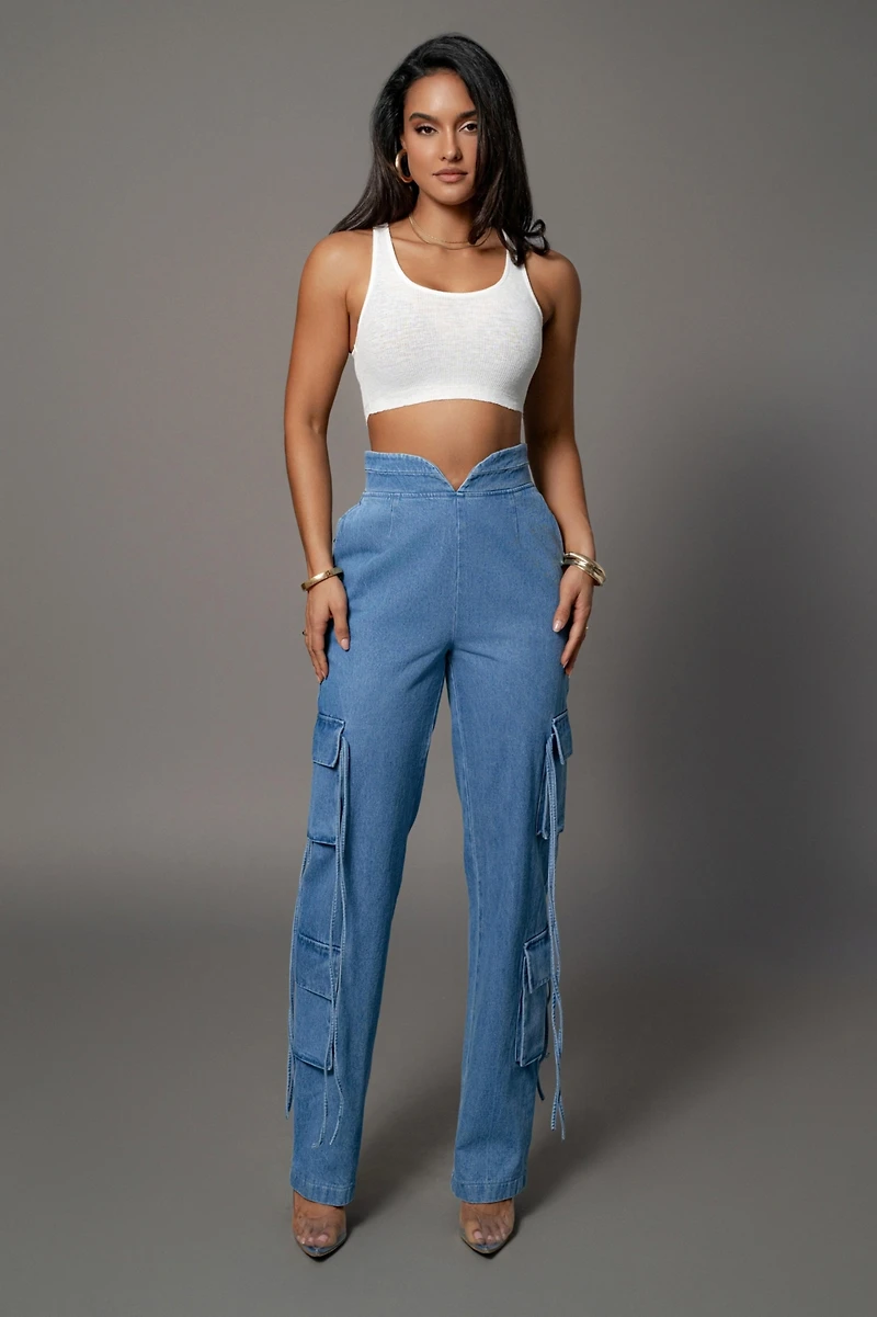 Jluxlabel Women's Medium Wash Jacinda Denim Utility Pants