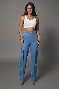 Jluxlabel Women's Medium Wash Jacinda Denim Utility Pants