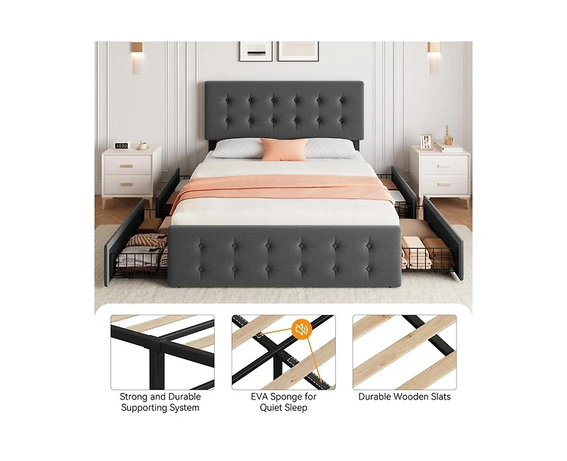 Queen Size Bed Frame with 4 Storage Drawers and Headboard, Linen Upholstered Platform Bed Frame with Wooden Slats Support, Button Tufted Design, No Bo