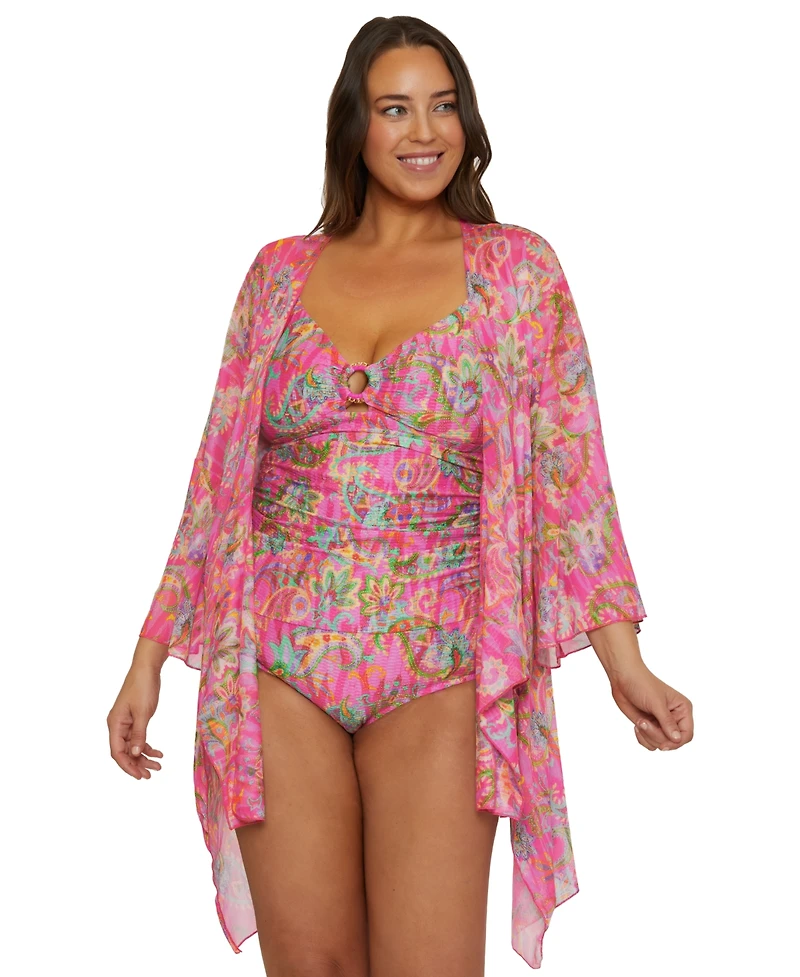 Becca Etc Plus Size Polynesia Tie-Front Tunic Swim Cover-Up