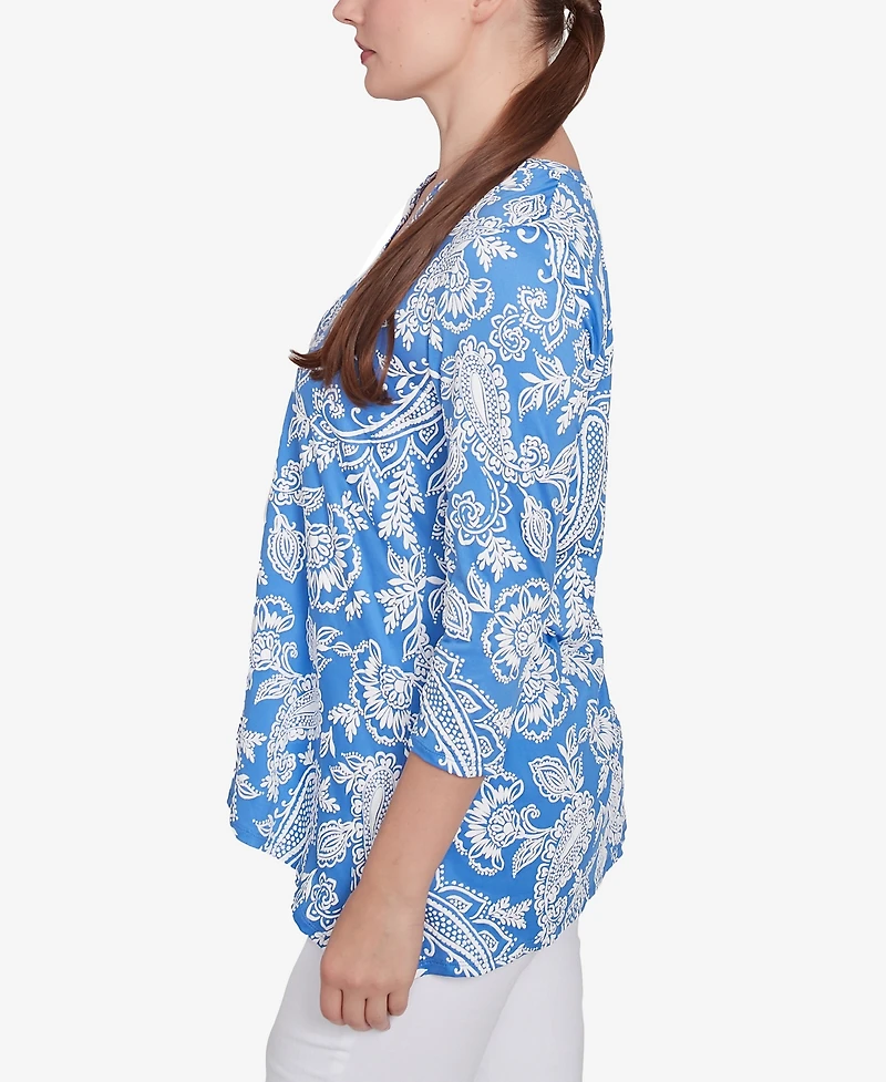 Ruby Rd. Petite Jacobean Paisley Puff Print V-Neck Top
