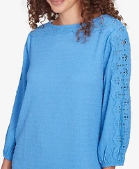 Ruby Rd. Petite Solid Textured Eyelet Sleeve Boat Neck Top