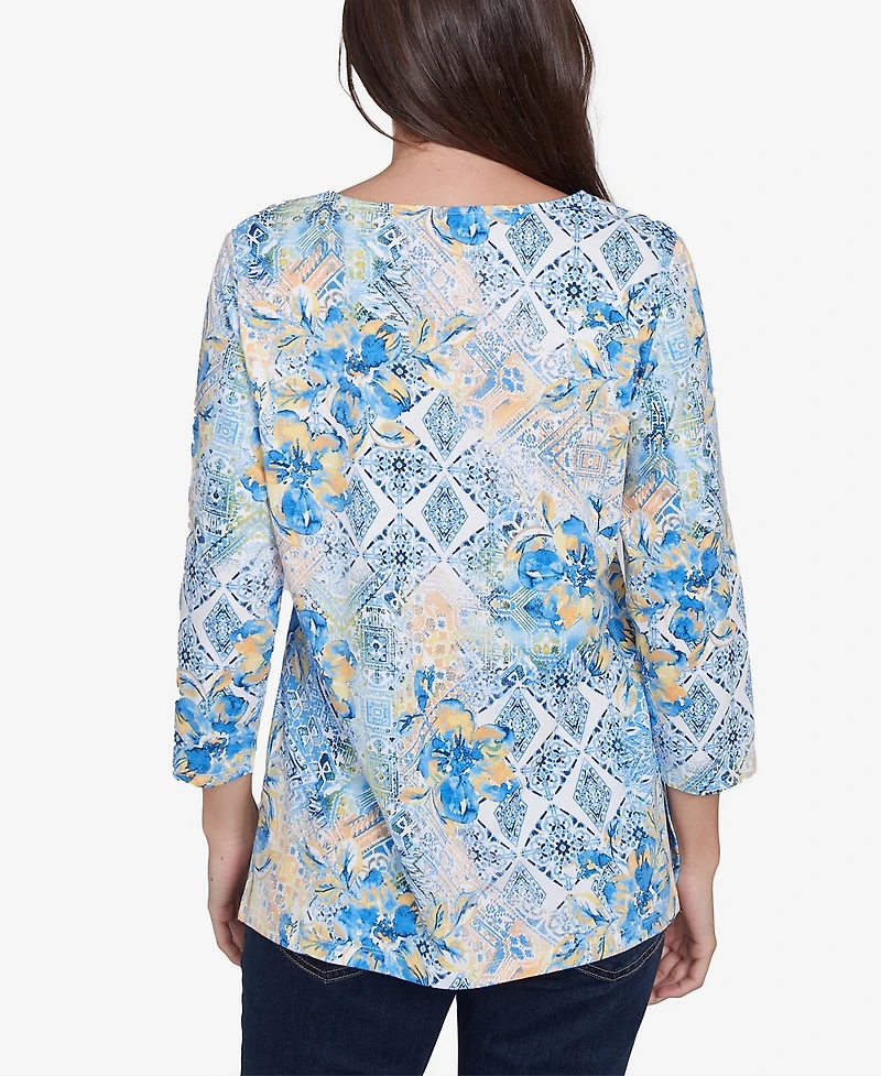 Ruby Rd. Petite Watercolor Floral Patchwork Square Neck Top
