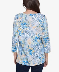 Ruby Rd. Petite Watercolor Floral Patchwork Square Neck Top