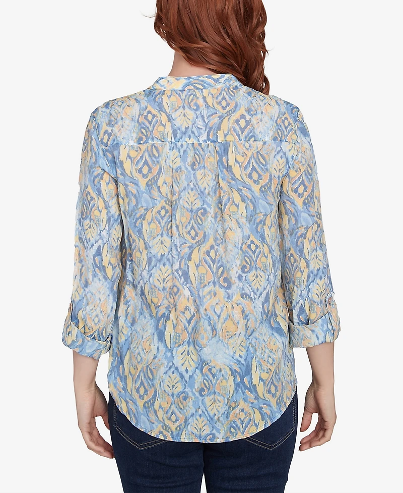 Ruby Rd. Petite Brushed Foulard Button Front Mandarin Collar Top