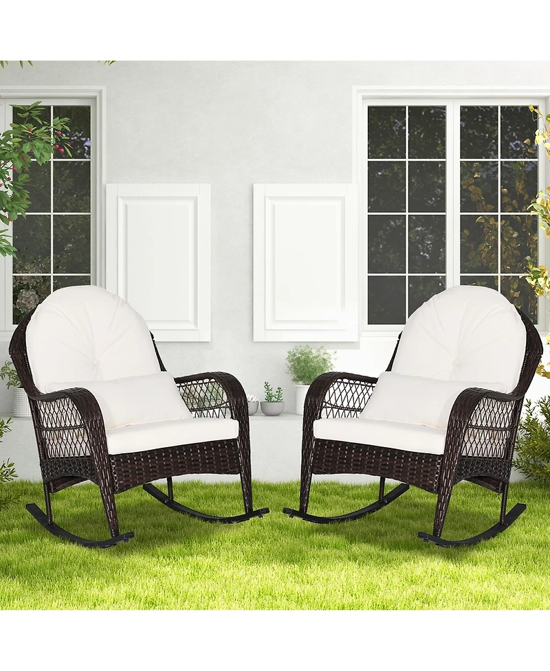 2PCS Patio Wicker Rocking Chair W/Seat Back Cushions & Lumbar Pillow Balcony