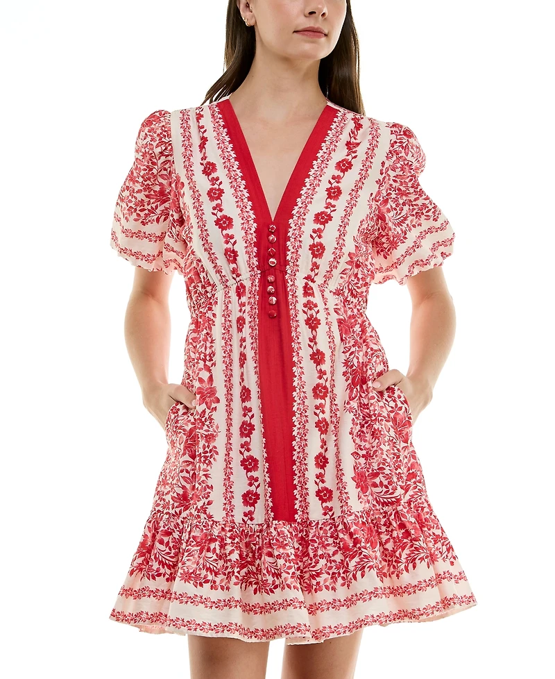 Taylor Petite Printed V-Neck Puff-Sleeve Ruffled-Hem Dress