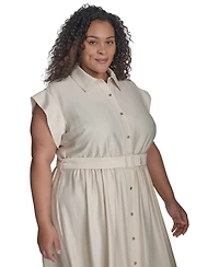 Dkny Plus Size Cap-Sleeve Belted Midi Shirtdress