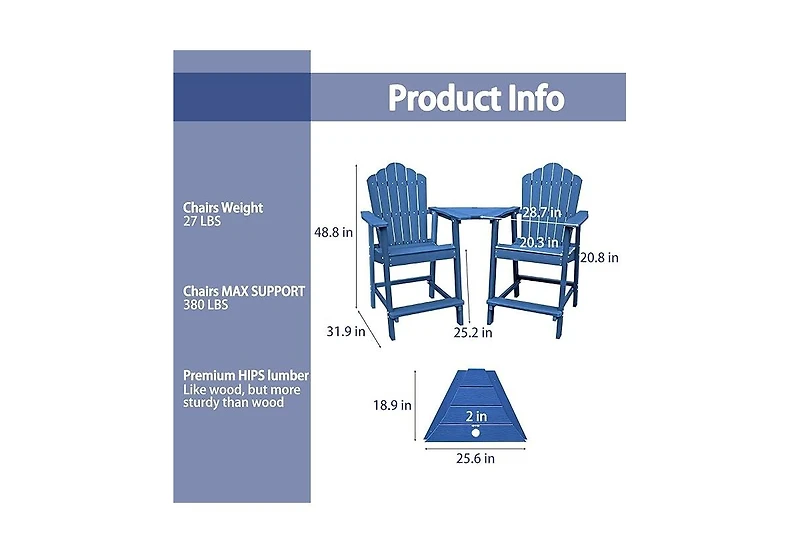 Tall Adirondack Chair with Connecting Table Patio Chairs Outdoor Barstool Furniture Set Balcony for Lawn Backyard Garden