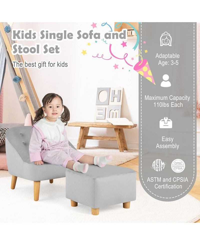 Soft Velvet Upholstered Kids Sofa Chair with Ottoman