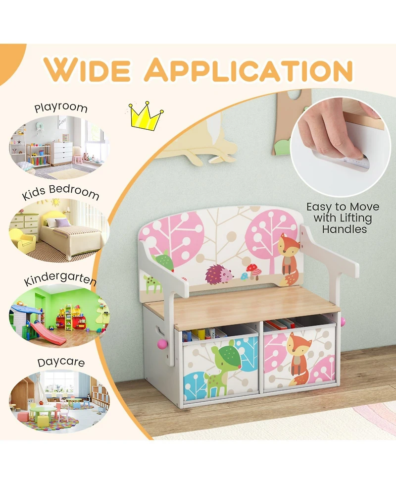3 in 1 Kids Convertible Activity Bench with 2 Removable Fabric Bins