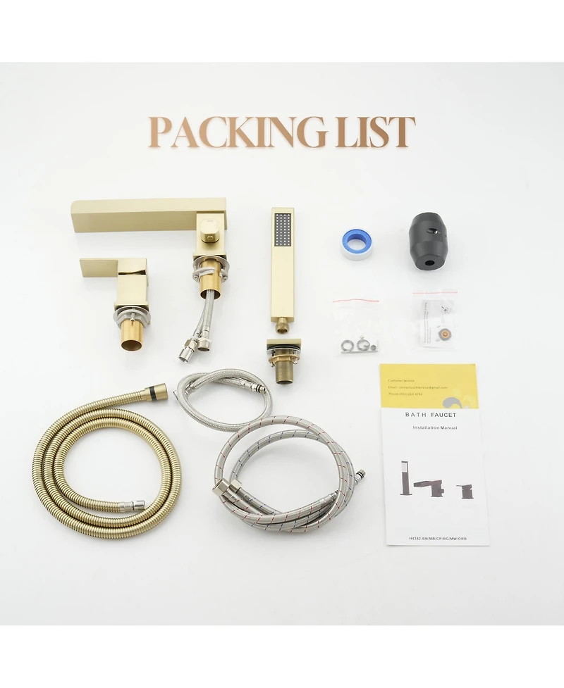 Waterfall Roman Tub Faucet with Hand Shower,Deck Mount Black Bathtub Faucets Brass Filler Bathroom Shower, Brushed Gold
