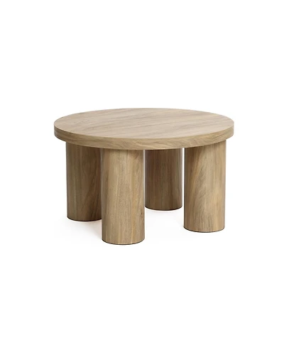 LuxenHome Oak Finish Manufactured Wood Round Coffee Table with 4 Pillar Legs