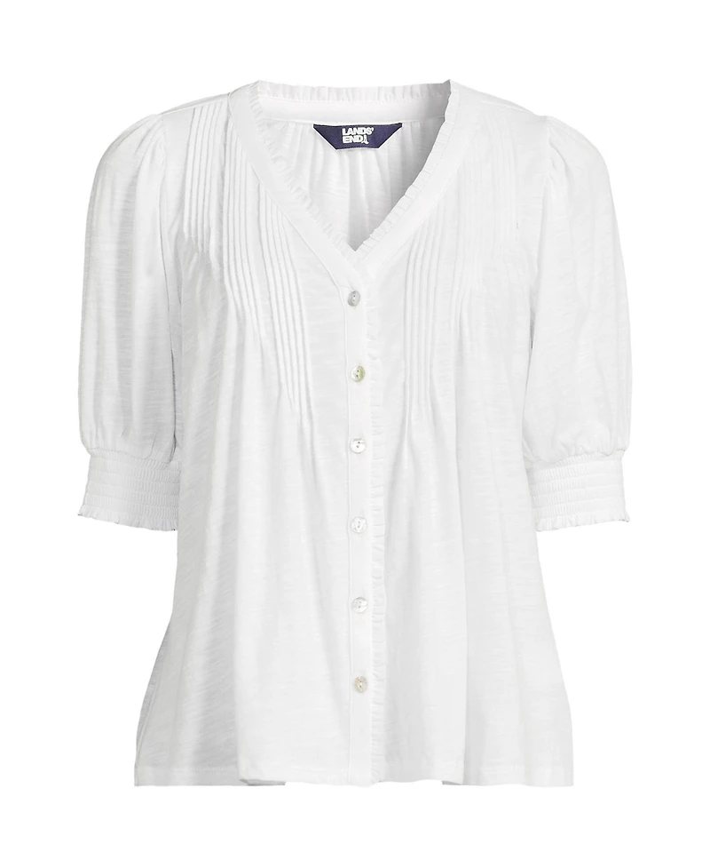 Lands' End Plus Size Button Pintuck Puff Sleeve Top