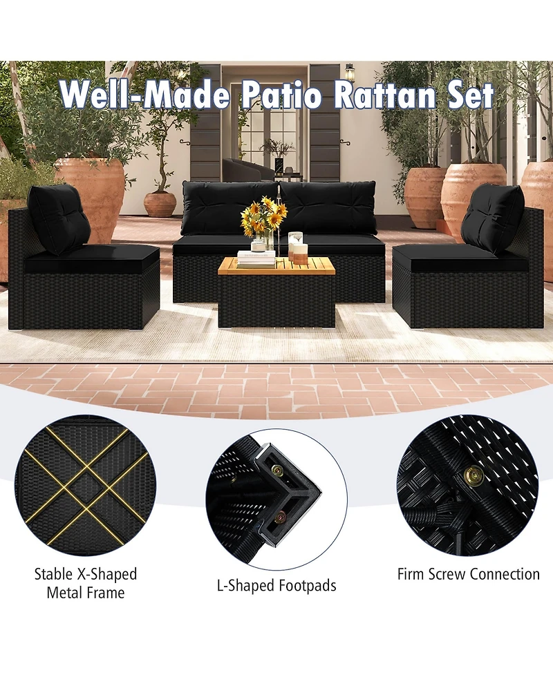 Gymax 5 Piece Outdoor Furniture Set w/ Seat & Back Cushions Acacia Wood Tabletop