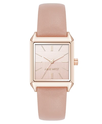 Nine West Women's Quartz Rectangular Rose Gold-Tone and Pink Polyurethane Leather Band Watch, 29mm