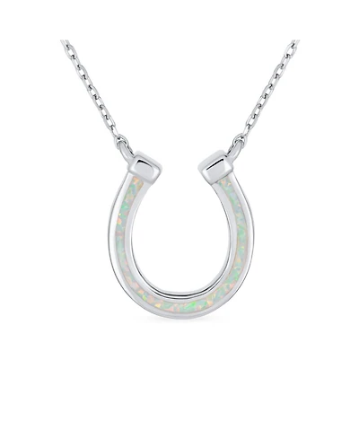 Bling Jewelry Delicate White or Orange Fire Created Opal Equestrian Good Luck Charm Horseshoe Necklace Pendant .925 Sterling Silver