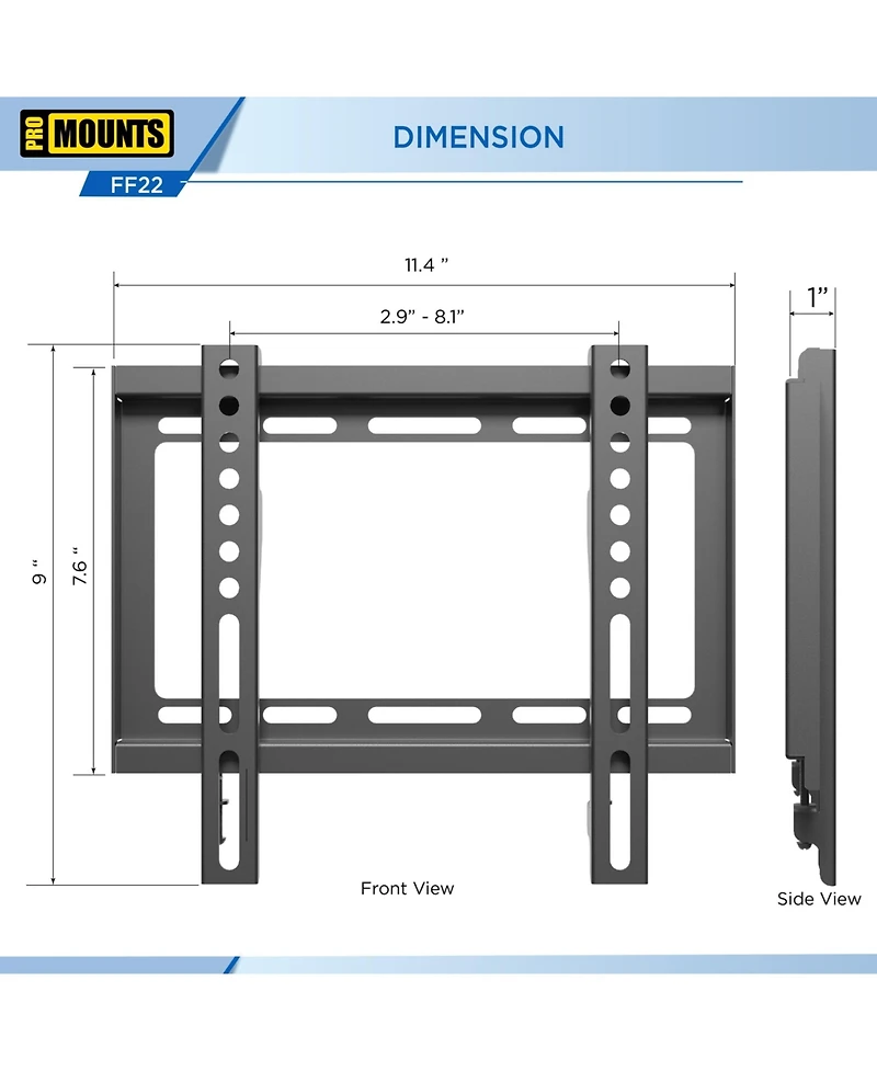 ProMounts Flat / Fixed Tv Wall Mount for 13" to 47" TVs, Holds up to 55lbs
