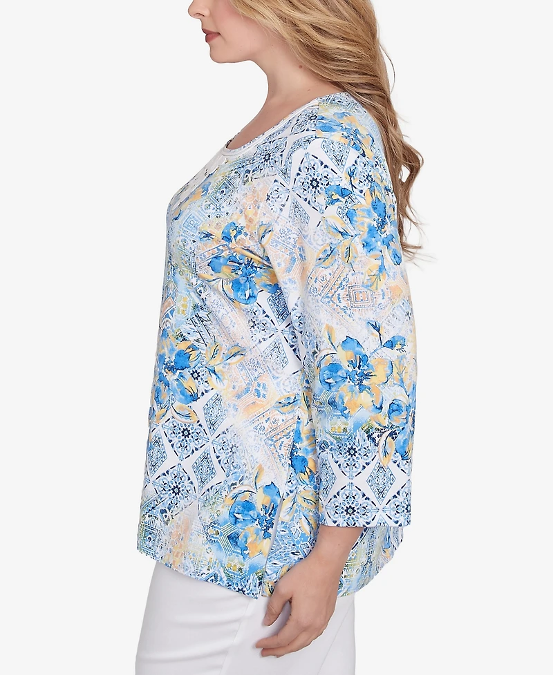 Ruby Rd. Plus Size Watercolor Floral Patchwork 3/4 Sleeve Top