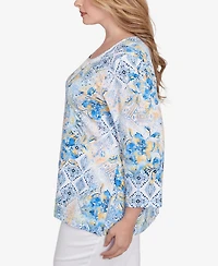 Ruby Rd. Plus Size Watercolor Floral Patchwork 3/4 Sleeve Top