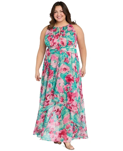 R & M Richards Plus Printed Overlay-Skirt Maxi Dress