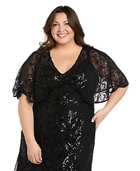 R & M Richards Plus Cape-Sleeve Sequin Empire-Waist Dress