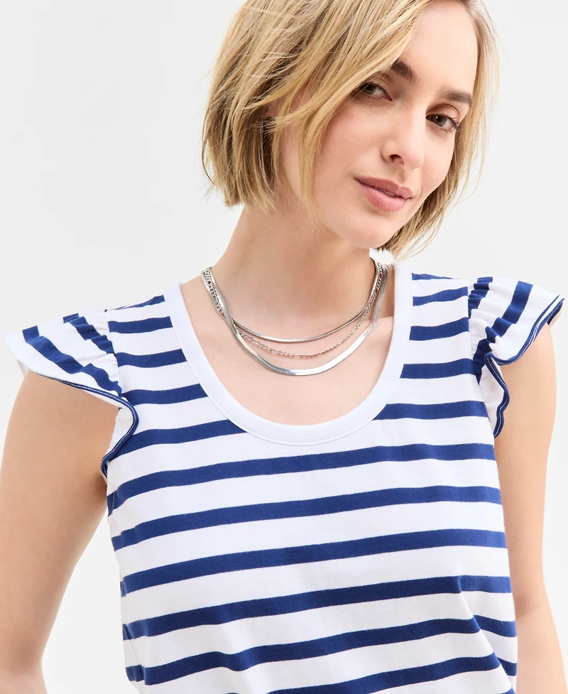 On 34th Women's Striped Flutter-Sleeve Voop-Neck T-Shirt, Exclusively at Macy's