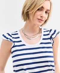 On 34th Women's Striped Flutter-Sleeve Voop-Neck T-Shirt, Exclusively at Macy's