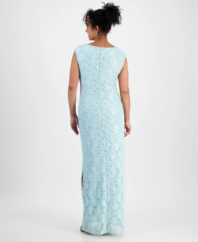 Connected Sequined Lace Cowl-Neck Gown