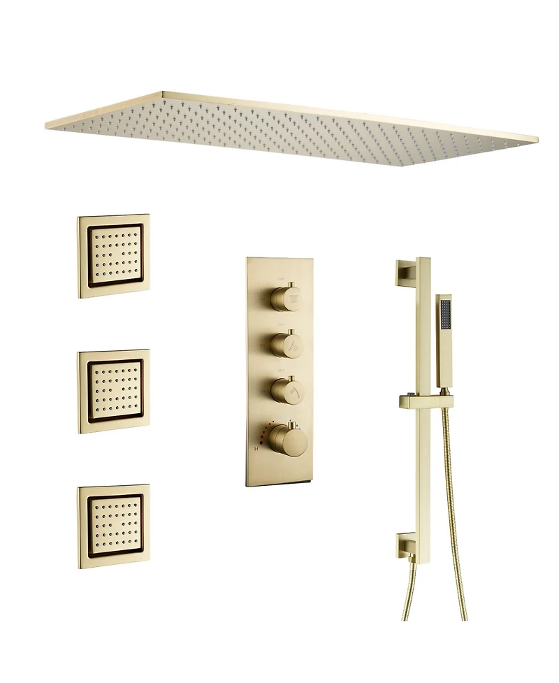 Luxury Thermostatic Shower System with Body Jets, Square Rainfall Head Handheld Shower, Temperature Control, Brushed Gold