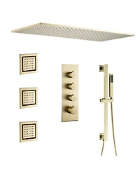 Luxury Thermostatic Shower System with Body Jets, Square Rainfall Head Handheld Shower, Temperature Control, Brushed Gold