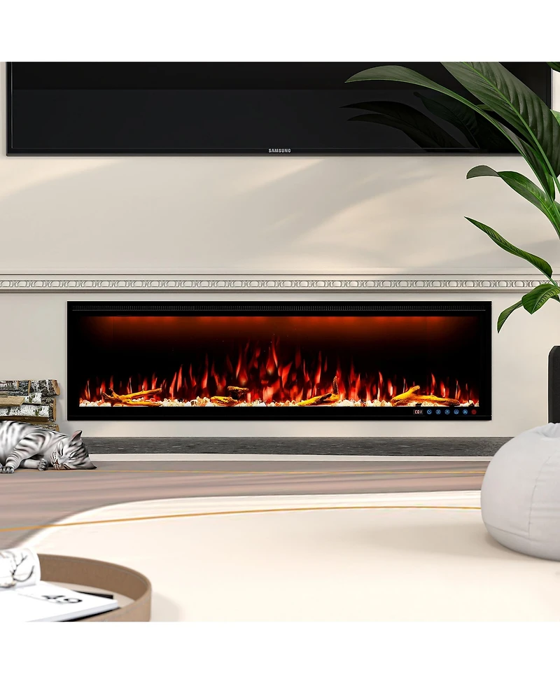 Smart 60" Wall-Mounted Electric Fireplace with Realistic Flame Effects, Dual Heating, and Alexa Compatibility
