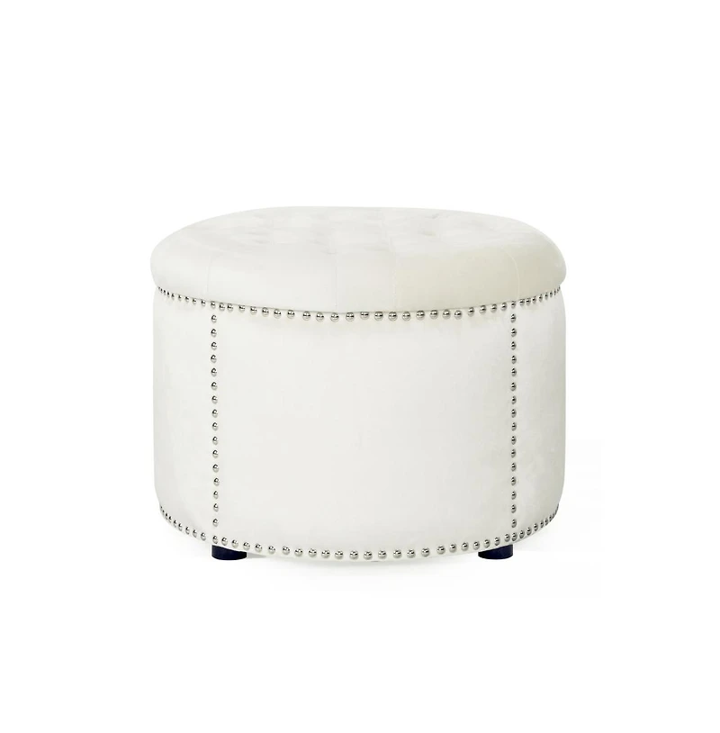 Round Velvet Tufted Ottoman, Upholstered Footrest with Button-Tufted Design & Studded Trim-The Pop Home