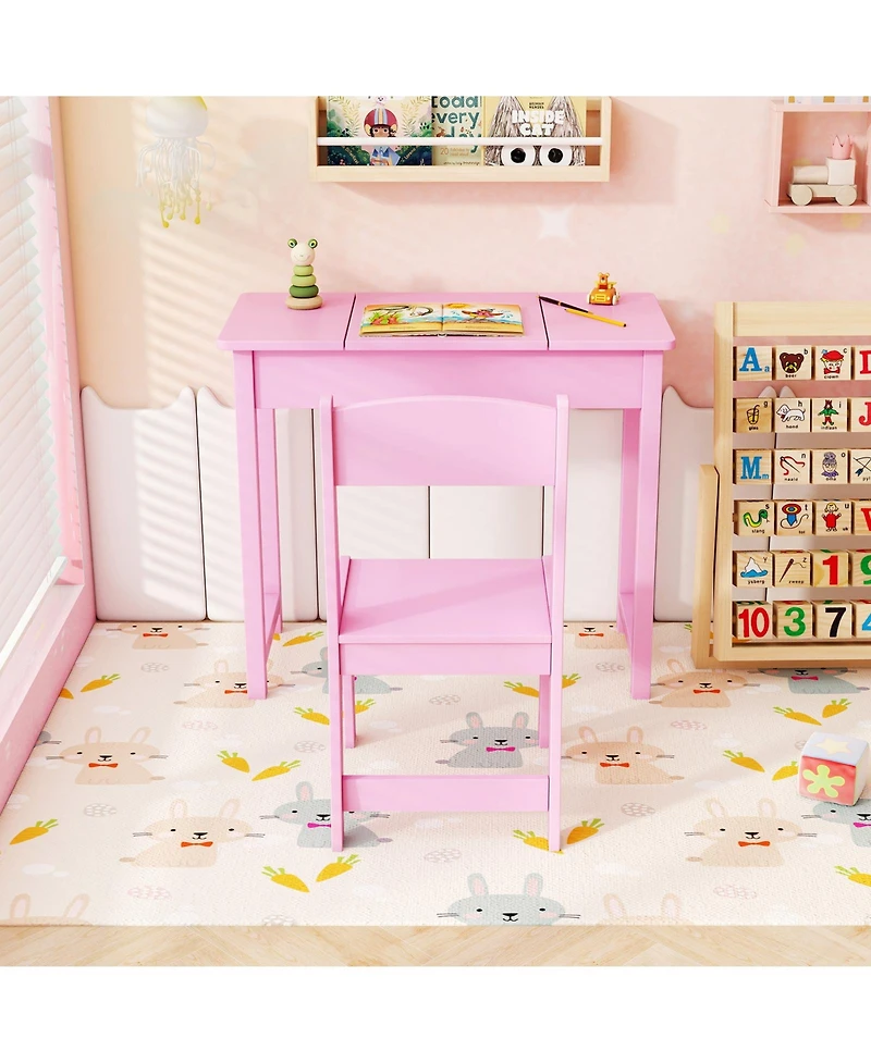 2-in-1 Kids Vanity Makeup Table and Chair Set with Flip-Top Mirror Fun Stylish Dressing for