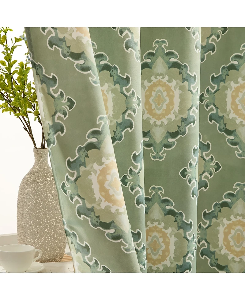 Hlc.me Liam Ogee Ikatt Damask Patterned Window Grommet Curtains Bedroom - Light Blocking Darkening Window Panels, Set of 2 (Sage Green
