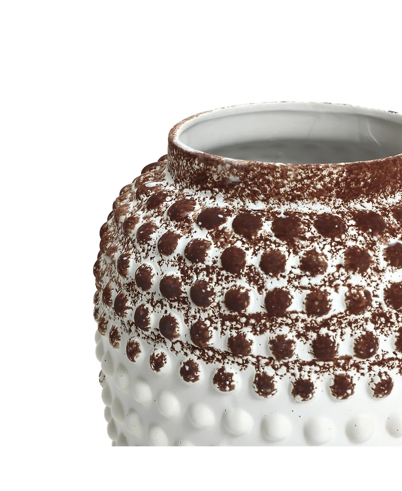 LuxenHome Vintage White and Brown Beaded 12-Inch Tall Urn Vase