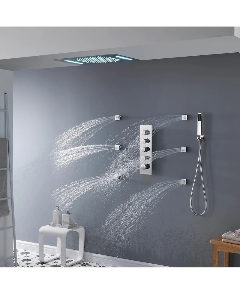Chrome Luxury 4-Way Thermostatic Shower System with Led and Music Player Shower Faucet Set with Handheld Shower Head and Body Jets