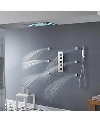 Chrome Luxury 4-Way Thermostatic Shower System with Led and Music Player Shower Faucet Set with Handheld Shower Head and Body Jets