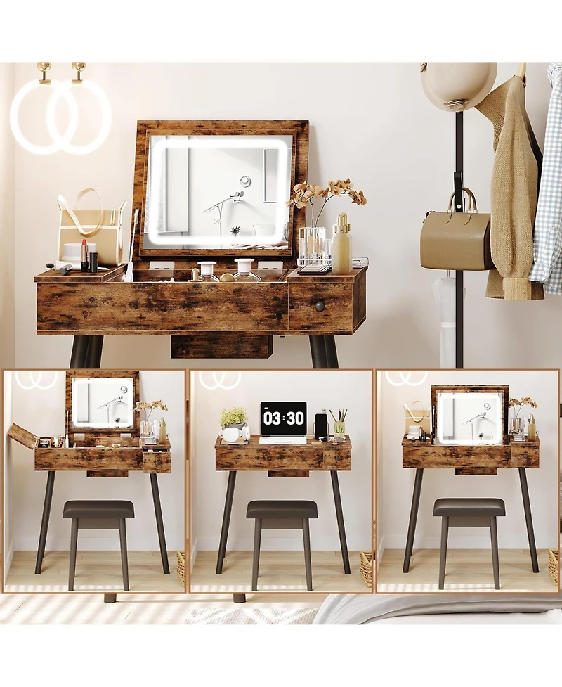 Flip Top Makeup Vanity Table with Drawers & Cabinet