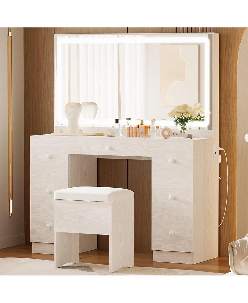 Vanity Desk Set with Led Lighted Mirror & Power Outlet